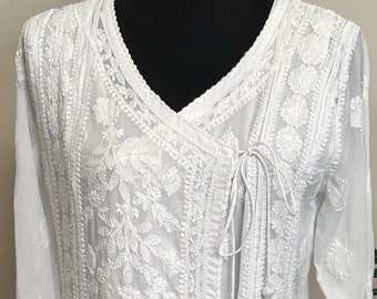 Lucknow Chikankari White Angarkha Soft Malmal Cotton /hand embroidered/FREE SHIPPING in US