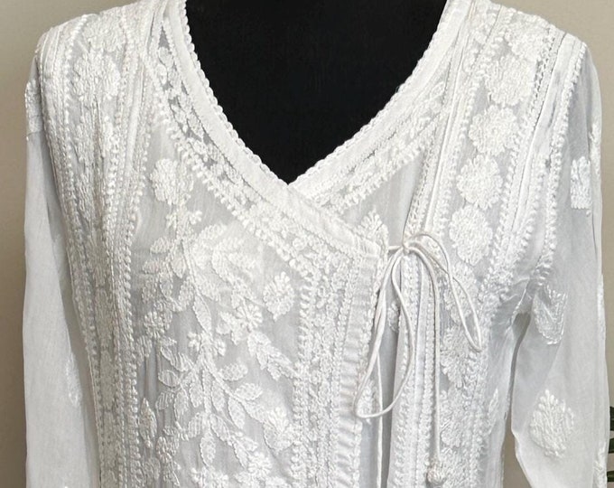 Lucknow Chikankari White Angarkha Soft Malmal Cotton /hand embroidered/FREE SHIPPING in US