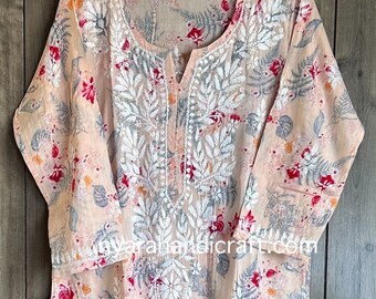 Peach Floral Printed Chikankari Kurta on Cotton / Free Shipping in US