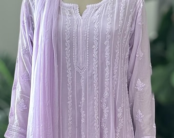 Chikankari Lilac Georgette Anarkali with Cutdana and Sequins / 4 Pc Set /Free Shipping in US