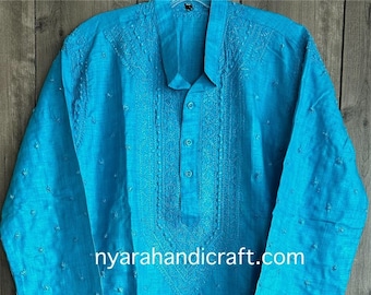 Blue Chikankari Kurta for Men / Silk Blend / Free Shipping in US