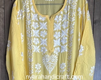 Yellow Modal Chikankari Kurta  / Hand embroidered/Free Shipping in US