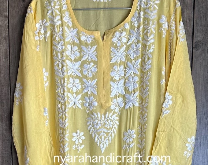 Yellow Modal Chikankari Kurta  / Hand embroidered/Free Shipping in US