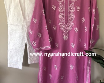 Lucknow Chikankari Suit//Peach Georgette Kurta with Cotton Embroidered Pants//Size Small for bust size 34 inches 38