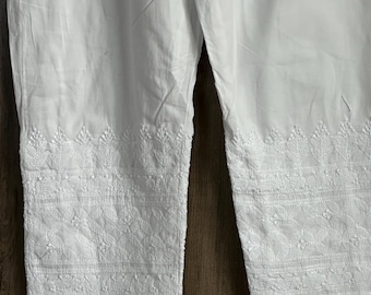 Pure Cotton White Lucknow Chikankari Pants /Fully lined /Free Shipping in US