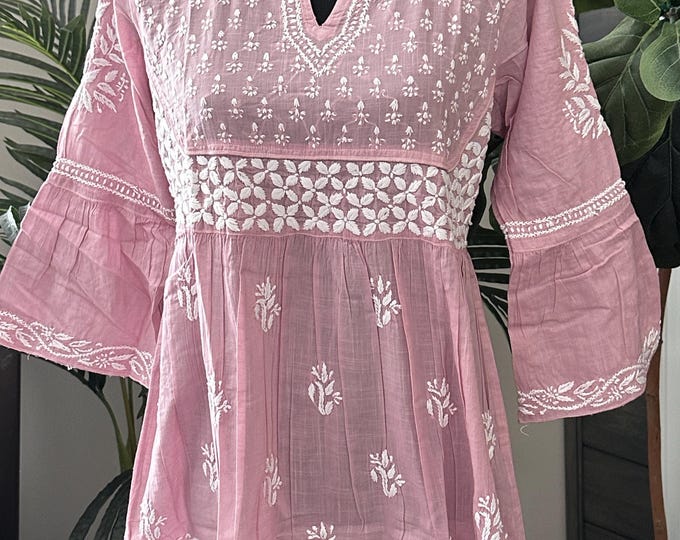 Chikankari Mauvish Pink  Pure Cotton Blouse / Short Kurti /  Hand Embroidered/Ships from Ohio