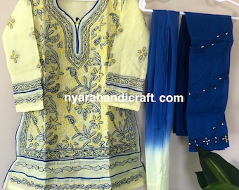 Chikankari Pure Cotton Yellow Kurta Set for Girls/ Free Shipping in US