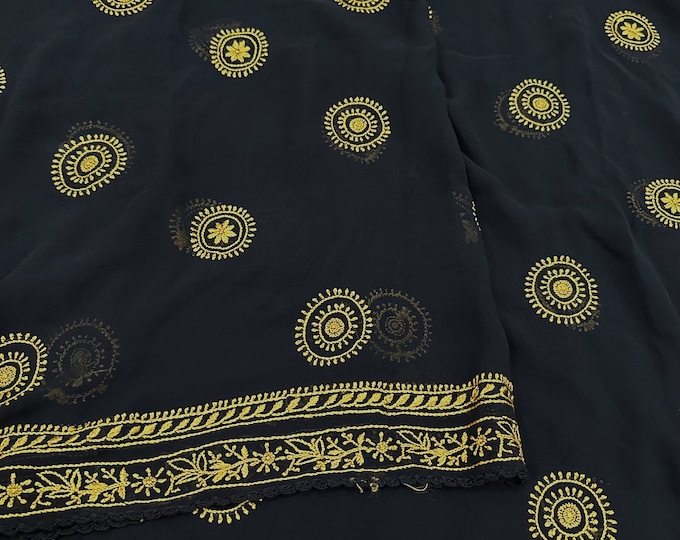 Chikankari Black Saree on Pure Silk Georgette/ Hand Embroidered /Free Shipping in US