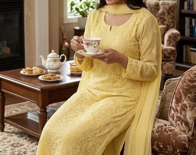 Soft Yellow Lucknow Chikankari Georgette Suit / 4 pc set / FREE SHIPPING in US
