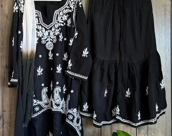 Girls Black Kurta Palazzo Chikankari Set /Soft Modal Cotton /Free Shipping in US