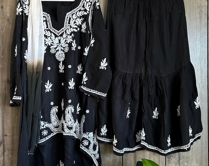 Girls Black Kurta Palazzo Chikankari Set /Soft Modal Cotton /Free Shipping in US