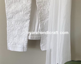 White Chikankari Pants and Chiffon Dupatta / Free Shipping In Us