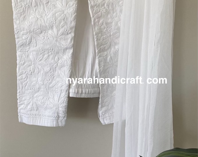 White Chikankari Pants and Chiffon Dupatta / Free Shipping In Us