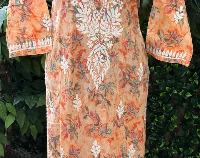 Peach Floral Print Chikankari Kurta / Free Shipping in US