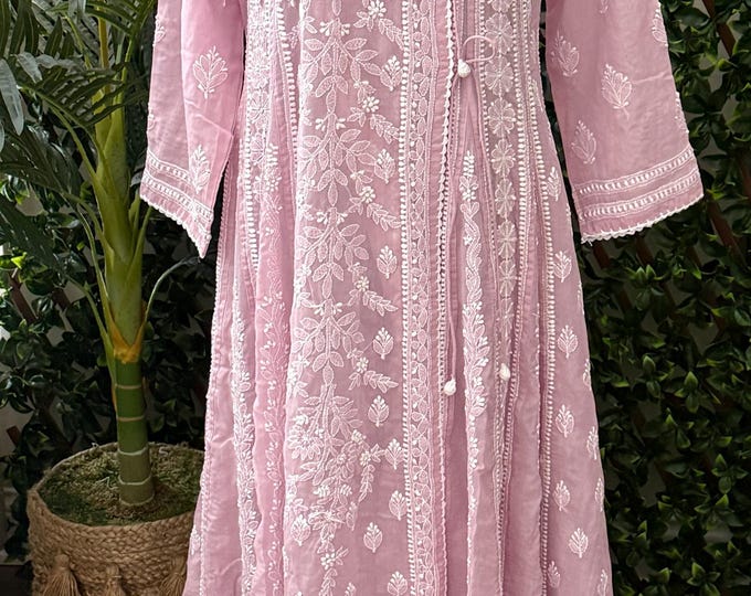 Chikanakri Mauve Angarkha Soft Malmal Cotton / Hand Embroidered/ Ships from Ohio