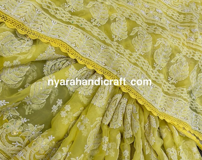 Bright Yellow Chikankari Saree/ Fall and petticoat included/ Free Shipping in US