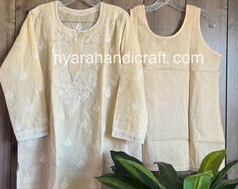 Chikankari Short Beige Blouse / Kurti / Soft Cotton/ Hand Embroidered/Free Shipping in US