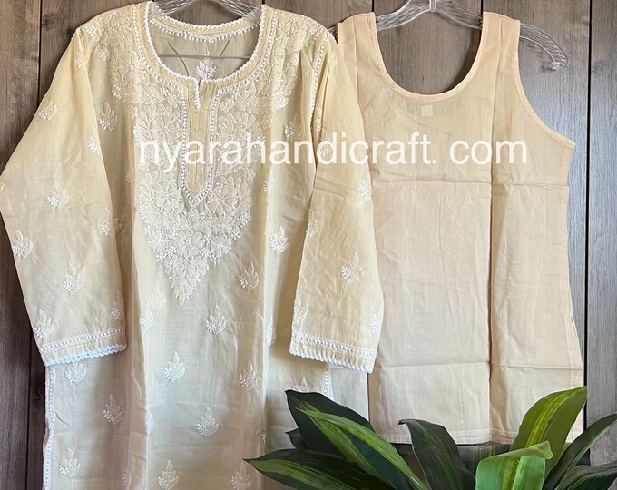 Chikankari Short Beige Blouse / Kurti / Soft Cotton/ Hand Embroidered/Free Shipping in US