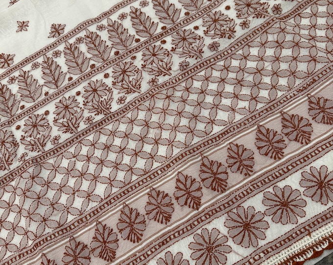 Cream Chikankari Saree on Cotton Super Net  / Fall and petticoat included/ Free Shipping in US