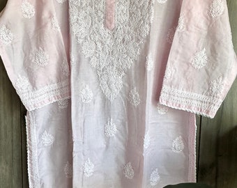 Lucknow Chikankari Baby Pink Kurta /Soft Cotton / Liner included/Free Shipping in US