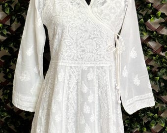 Chikankari White Angarkha Style Kurta / Hand Embroidered / Free Shipping In US