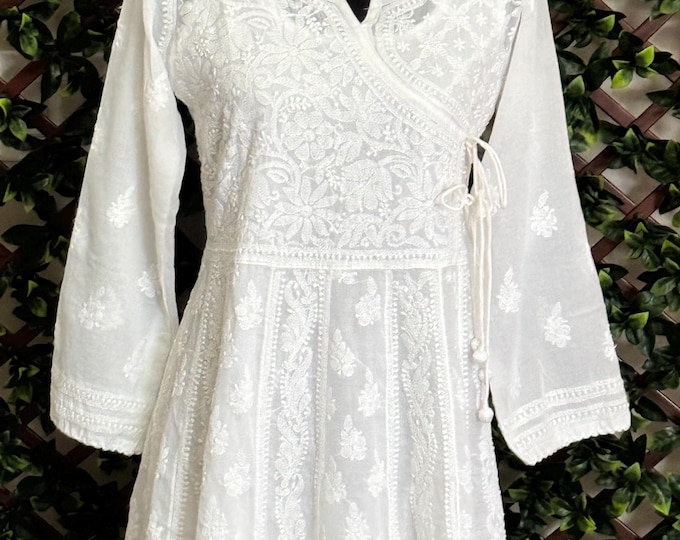Chikankari White Angarkha Style Kurta / Hand Embroidered / Free Shipping In US