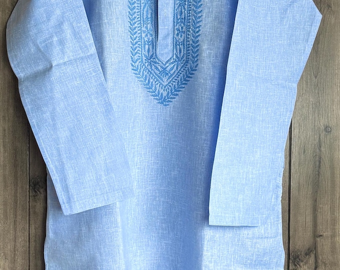 Blue Chikankari Cotton Linen Kurta for Men / Hand Embroidered / Free Shipping in US