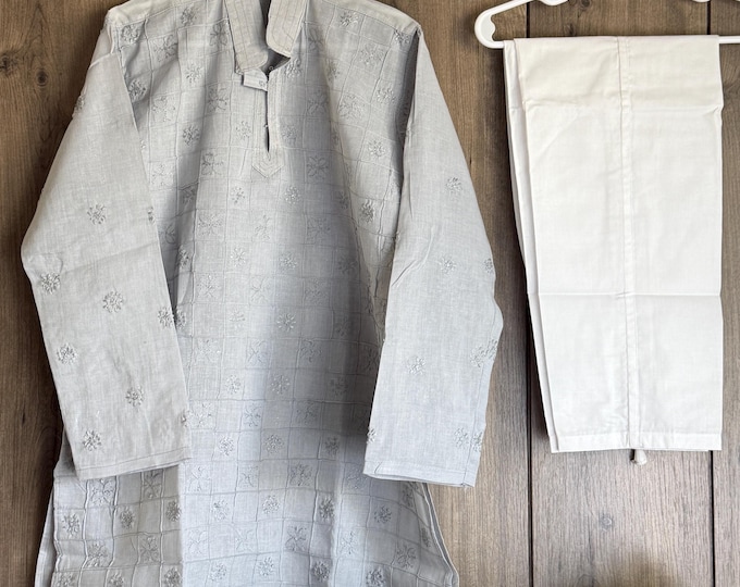 Boys Light Gray Chikankari Kurta / FREE SHIPPING in US