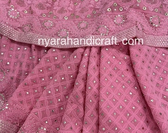 Lucknow Chikankari Pink Saree / Pure Silk Georgette / Hand Embroidered /Free Shipping in US