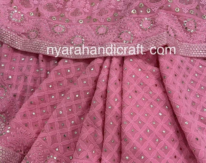 Lucknow Chikankari Pink Saree / Pure Silk Georgette / Hand Embroidered /Free Shipping in US