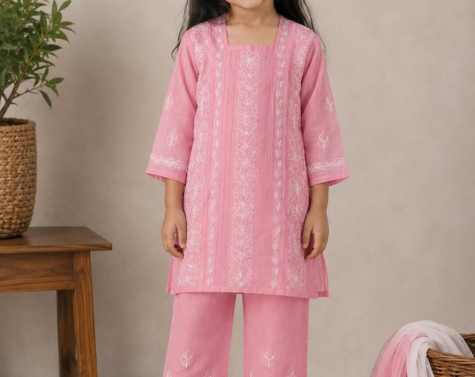 Pink Chikankari Girls Kurta Pants Set / Soft Cotton /Free Shipping in US