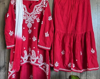 Girls Red Kurta Palazzo Chikankari Set /Soft Modal Cotton /Free Shipping in US