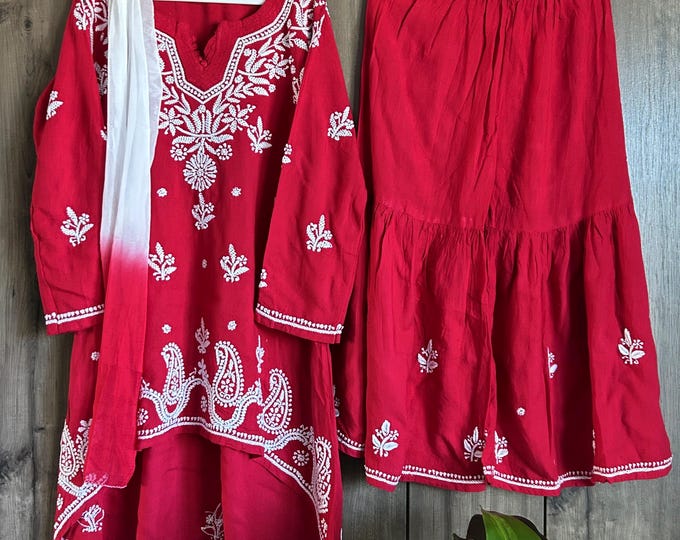 Girls Red Kurta Palazzo Chikankari Set /Soft Modal Cotton /Free Shipping in US