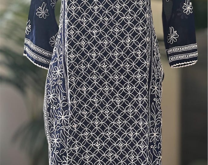 Lucknow Chikankari Navy Blue Kurta / Tunic  /Liner Included/ Free Shipping in US
