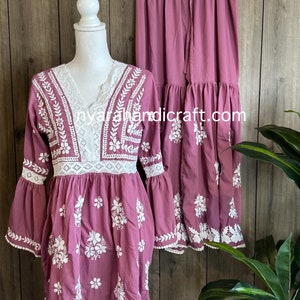 Mauve Chikankari Short Kurta and Gharara  / Free Shipping in US
