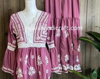 Mauve Chikankari Short Kurta e Gharara / Spedizione gratuita negli Stati Uniti