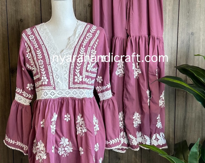 Mauve Chikankari Short Kurta and Gharara  / Free Shipping in US