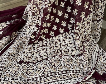 Wine Chikankari Saree with Gota Patti / Georgette Saree/ Petticoat included and Fall Attached/Free Shipping