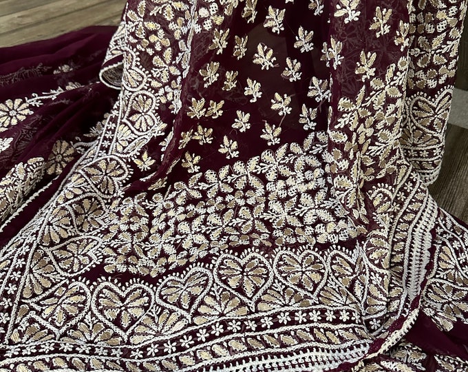 Wine Chikankari Saree with Gota Patti / Georgette Saree/ Petticoat included and Fall Attached/Free Shipping
