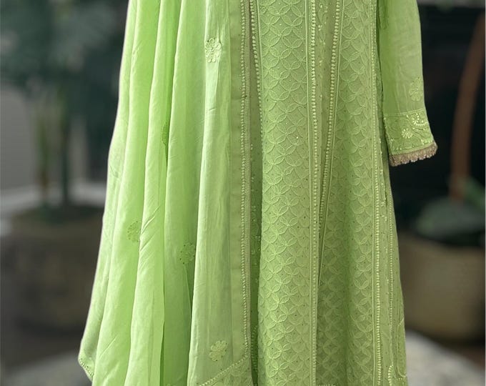 Lime Green Chikankari Anarkali and Dupatta / Fine Georgette / Free Shipping in US