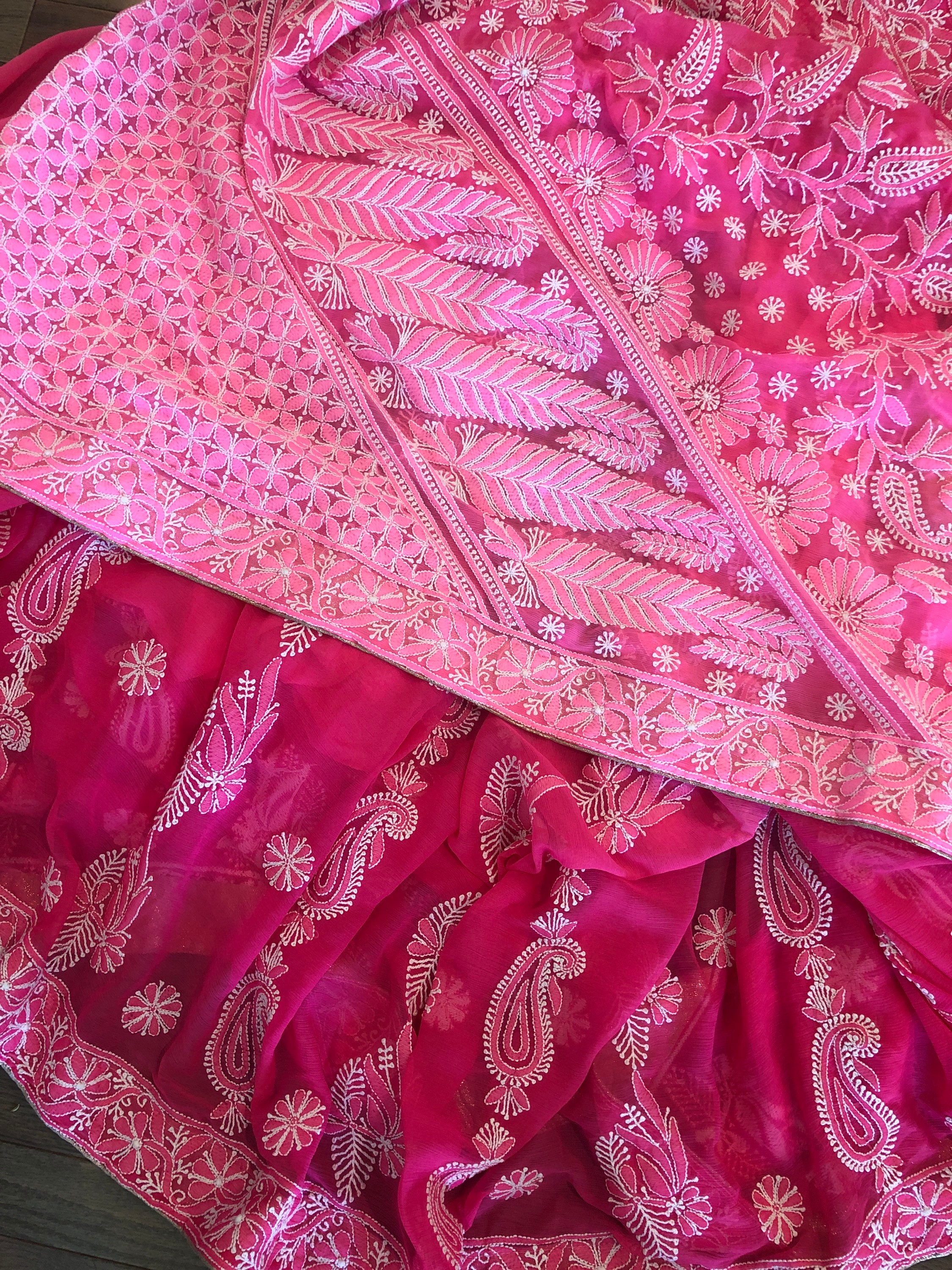 Pink Chikankari Saree on Chiffon/Pink Ombre /Free Shipping