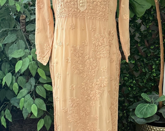 Lucknow Chikankari Tan Kurta / Fine Georgette/ FREE SHIPPING in US