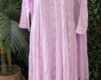 Chikankari Lilac Georgette Anarkali with Cutdana and Sequins /Free Shipping in US