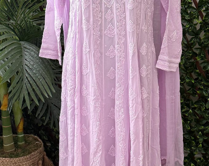 Chikankari Lilac Georgette Anarkali with Cutdana and Sequins /Free Shipping in US