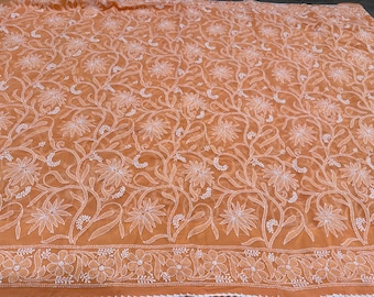 All Over Chikankari Saree Peachy Orange /With  Petticoat / Heavy all over hand embroidery/Free Shipping in US