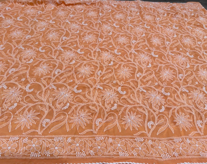 All Over Chikankari Saree Peachy Orange /With  Petticoat / Heavy all over hand embroidery/Free Shipping in US