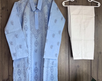 Boys Blue Cotton Kurta Pajama set with Chikankari / Ships from Ohio