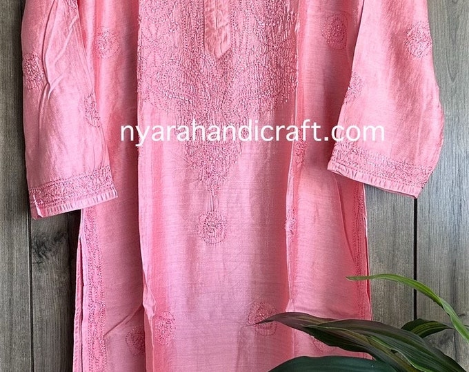 Coral Lucknow Chikankari Pure Chanderi Silk Kurta / Free Shipping in US