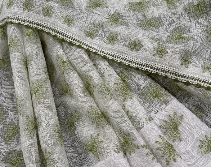 Green White Chikankari Saree on Pure Kota Cotton / Fall and petticoat included/ Free Shipping