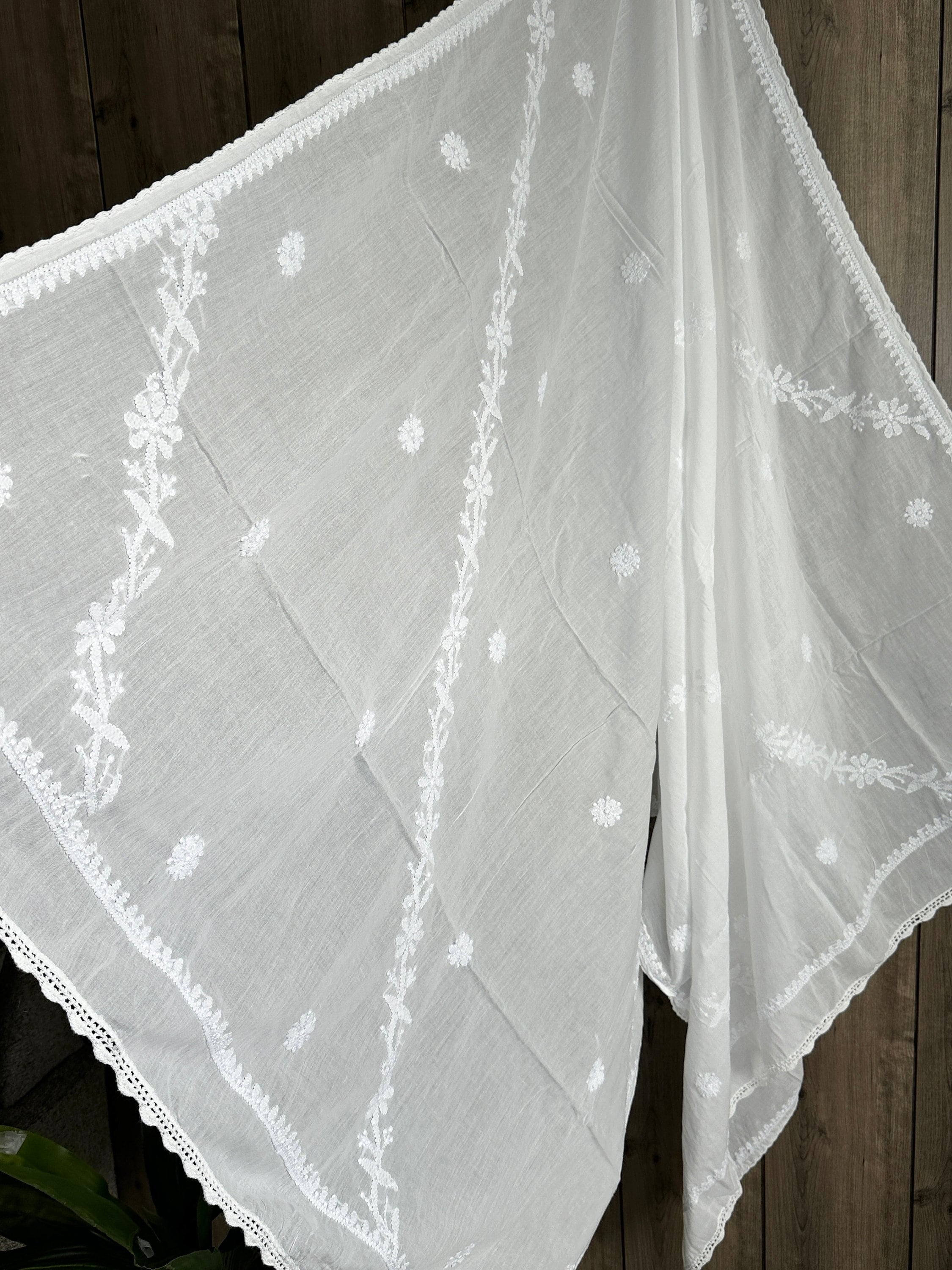 Lucknow Chikankari White Pure Cotton Dupatta / Scarf /Free Shipping in US